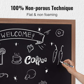 Chalkboard sign with wooden frame, featuring white chalk drawings, welcomes guests. Perfect for cafes or home use.