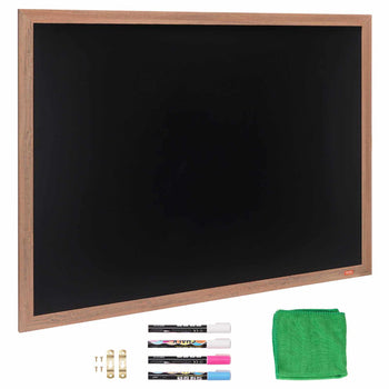 Black chalkboard with oak wood frame, includes markers, eraser cloth, and mounting hardware. Ideal for home or classroom.