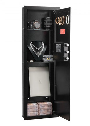 Wall Safe, 4-Tier Hidden Wall Mounted Gun Safe with Password & Key, Q235 Cold-Rolled Steel In-Wall Box with LED Lighting, 3 Adjustable Shelves & Key Holders for Money, Jewelry, Passport, Black
