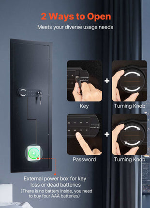Wall Safe, 4-Tier Hidden Wall Mounted Gun Safe with Password & Key, Q235 Cold-Rolled Steel In-Wall Box with LED Lighting, 3 Adjustable Shelves & Key Holders for Money, Jewelry, Passport, Black