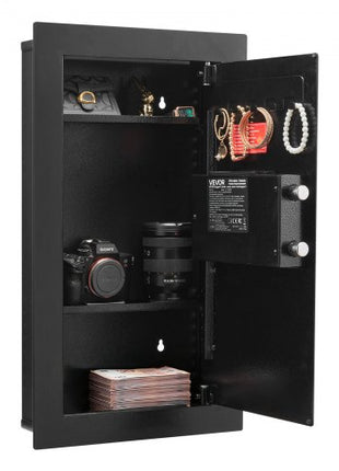 Wall Safe, 3-Tier Hidden Wall Mounted Safe with Password & Key, Q235 Cold-Rolled Steel In-Wall Box with LED Lighting, 2 Adjustable Shelves & 5 Key Holders for Money, Jewelry, Passport, Black