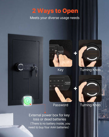 Wall Safe, 3-Tier Hidden Wall Mounted Safe with Password & Key, Q235 Cold-Rolled Steel In-Wall Box with LED Lighting, 2 Adjustable Shelves & 5 Key Holders for Money, Jewelry, Passport, Black