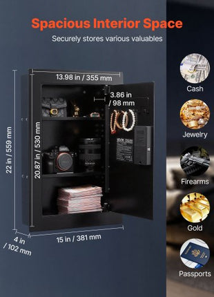Wall Safe, 3-Tier Hidden Wall Safe with Fingerprint, Password, Key & Turning Knob, Q235 Cold-Rolled Steel In-Wall Box with Adjustable Shelves & Key Holders for Money, Jewelry, Passport, Document