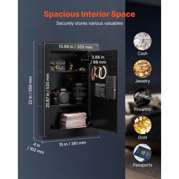 Wall Safe, 3-Tier Hidden Wall Safe with Fingerprint, Password, Key & Turning Knob, Q235 Cold-Rolled Steel In-Wall Box with Adjustable Shelves & Key Holders for Money, Jewelry, Passport, Document