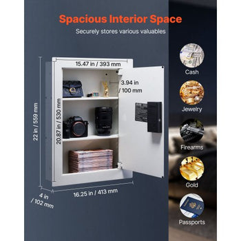 0.83 sq.ft Wall Safe, 3-Tier Hidden Wall Safe with Password, Key & Turning Knob, Q235 Cold-Rolled Steel In-Wall Box with Adjustable Shelves & Mounting Holes for Money, Jewelry, Passport, White