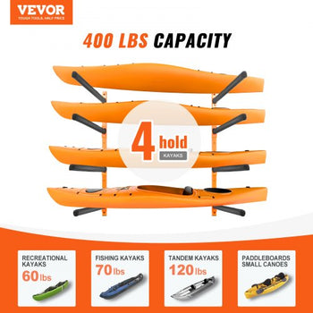 Wall Kayak Storage Rack, 4-Capacity Wall Mounted Kayak Holders for Kayak Canoe Paddle Board, Kayak Storage Hooks with Adjustable Padded Arms, 400 LBS Load Kayak Hanger for Indoor Outdoor Garage