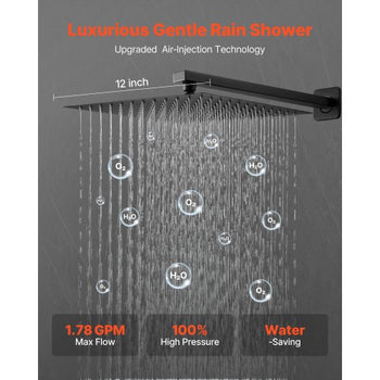 Shower Faucet Set, Rainfall Bathroom Shower System with 12-Inch Square Rain Shower Head and Handheld Spray, Wall Mounted Bath Fixtures with Brass Valve and Trim Kit, Matte Black