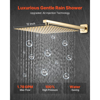 Shower Faucet Set, Rainfall Bathroom Shower System with 12-Inch Square Rain Shower Head and Handheld Spray, Wall Mounted Bath Fixtures with Brass Valve and Trim Kit, Brushed Gold