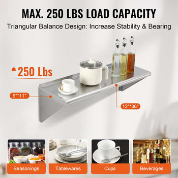 Stainless steel triangular shelf, 12"x36", with a sleek design, ideal for spices, cups, and beverages. Max load 250 lbs.