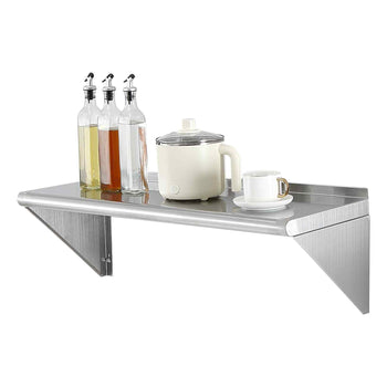 Stainless steel wall shelf with a smooth finish, supporting glass bottles and teapot, ideal for kitchen organization.