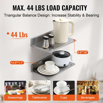 Stainless steel wall-mounted shelves, silver, triangular design, 44 lbs capacity, ideal for kitchen organization and storage.