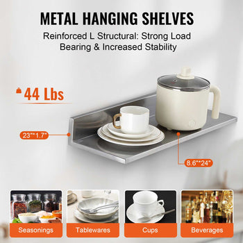 Metal hanging shelves in silver, 23" long, sturdy design, supports up to 44 lbs, ideal for kitchen organization.
