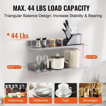 Stainless steel floating shelf, 44 lbs capacity, 28.9"x30"x1.7", ideal for kitchen storage and organization.