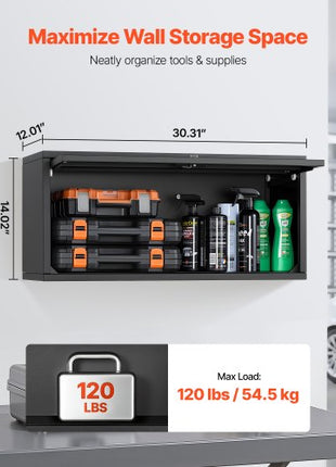 Metal Wall Cabinet, 27.56W x 12.01D x 14.02H Inch, Floating Garage Tool Cabinet with Up-Flip Door, 120 lbs Load per Shelf, Fit for Garage, Basement, Kitchen, Warehouse, Assembly Required