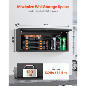 Metal Wall Cabinet, 27.56W x 12.01D x 14.02H Inch, Floating Garage Tool Cabinet with Up-Flip Door, 120 lbs Load per Shelf, Fit for Garage, Basement, Kitchen, Warehouse, Assembly Required