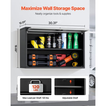 Metal Wall Cabinet, 27.56W x 12.01D x 19.69H Inch, Floating Garage Tool Cabinet with Up-Flip Door and Shelf, 240 lbs Load Capacity, Fit for Garage, Basement, Kitchen, Warehouse Assembly Required