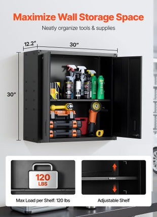 Metal Wall Cabinet, 30W x 12.2D x 30H Inch, Steel Floating Hanging Storage Cabinet with Locking Doors and Adjustable Shelf for Garage, Basement, Kitchen, Warehouse Assembly Required, Black