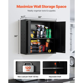 Metal Wall Cabinet, 30W x 12.2D x 30H Inch, Steel Floating Hanging Storage Cabinet with Locking Doors and Adjustable Shelf for Garage, Basement, Kitchen, Warehouse Assembly Required, Black