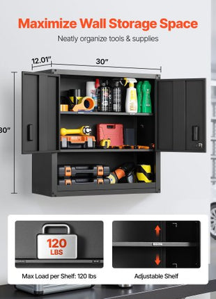 Metal Wall Cabinet, 30W x 12.01D x 30H Inch, Steel Floating Hanging Storage Cabinet with Locking Doors and Adjustable Shelf for Garage, Basement, Kitchen, Warehouse Assembly Required, Black