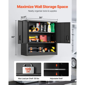 Metal Wall Cabinet, 30W x 12.01D x 30H Inch, Steel Floating Hanging Storage Cabinet with Locking Doors and Adjustable Shelf for Garage, Basement, Kitchen, Warehouse Assembly Required, Black