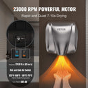 VEVOR Stainless Steel Hand Dryer, 23,000 RPM, Fast Drying, Quiet Operation, Cool/Hot Air Switch, Low Noise.