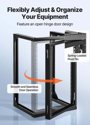 15U Wall Mount Server Rack, 150 lbs Max Load Capacity, Open Frame Network Rack with 180 Degrees Gate Swing, Carbon Steel, for 19-Inch IT Network Equipment & AV Devices Computer Server, Black