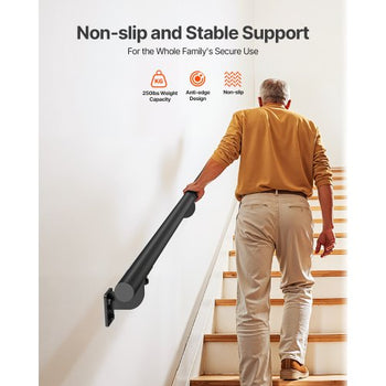 Wall Mounted Stair Handrail, 12ft Pipe Staircase Handrail, Black Galvanized Aluminum, 1.26 inch Pipe Diameter, Indoor&Outdoor Staircase Railing,Industrial Hand Rail for Steps,Security Baluster