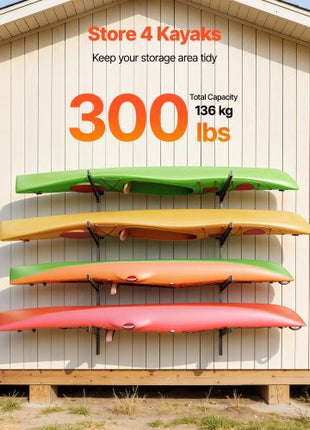 VEVOR Kayak Storage Rack for 4 Kayaks, Holds 300 lbs, Heavy Duty Adjustable Wall Mount Stand for Indoor Outdoor Garage Shed Dock, Storage Holder for Canoe, Small Boat, SUP, Surfboard & Paddleboard