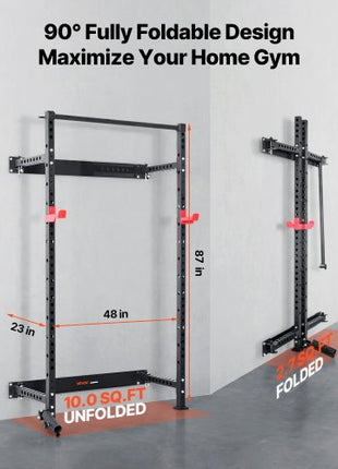 Folding Power Cage, Wall-Mounted Power Rack Squat Rack, Multifunctional Strength Training Workout Equipment with Landmine Holder, Adjustable J-Hooks & Pull-Up Bar for Home Gym, 1000LBS Capacity