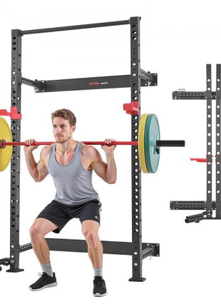 Folding Power Cage, Wall-Mounted Power Rack Squat Rack, Multifunctional Strength Training Workout Equipment with Landmine Holder, Adjustable J-Hooks & Pull-Up Bar for Home Gym, 1000LBS Capacity