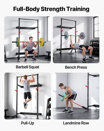 Folding Power Cage, Wall-Mounted Power Rack Squat Rack, Multifunctional Strength Training Workout Equipment with Landmine Holder, Adjustable J-Hooks & Pull-Up Bar for Home Gym, 1000LBS Capacity