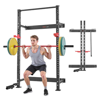Folding Power Cage, Wall-Mounted Power Rack Squat Rack, Multifunctional Strength Training Workout Equipment with Landmine Holder, Adjustable J-Hooks & Pull-Up Bar for Home Gym, 1000LBS Capacity