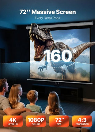 Manual Projector Screen, 72 inch 4:3 4K 1080 HD Retractable Pull Down Projector Screen, Wall Mounted Movie Projection with Pull Rope, Portable Display Projectoin for Family Home Office Theater