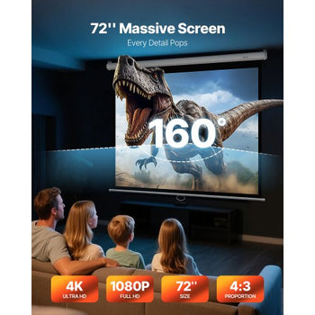 Manual Projector Screen, 72 inch 4:3 4K 1080 HD Retractable Pull Down Projector Screen, Wall Mounted Movie Projection with Pull Rope, Portable Display Projectoin for Family Home Office Theater