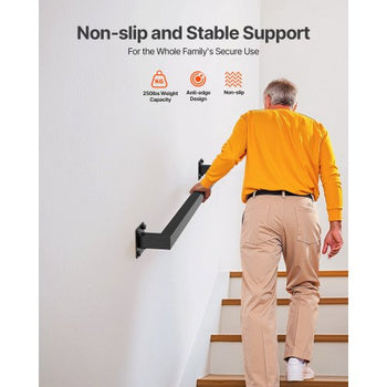 Wall Mounted Stair Handrail, 4ft Black Iron Staircase Handrail Indoor, 250lbs Load Capacity, Industrial Railing Hand Rail for Steps, Square Tube for Loft Porch Deck, 2 Sections