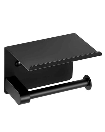 Toilet Paper Holder with Shelf, Fits Mega Rolls Size, Stainless Steel Rustproof Material, Wall Mounted with Screws and Double-Sided Tape, Toilet Roll Tissue Holder for Bathroom, Matte Black