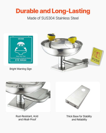 Emergency Eye Wash Station, Stainless Steel Wall-Mounted Eyewash Unit, First Aid Eye Wash Sink 16.14 x 12.99 x 9.45 Inches, Ideal for Laboratories, Factories, Schools, Construction Sites
