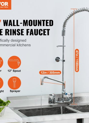 Wall-Mounted Kitchen Faucet, 47" Tall, 8" Apart, with 12" Rotating Spout and Pre-Rinse Spray, Brass Build, Pull-Down Feature for Multi-Compartment Sinks