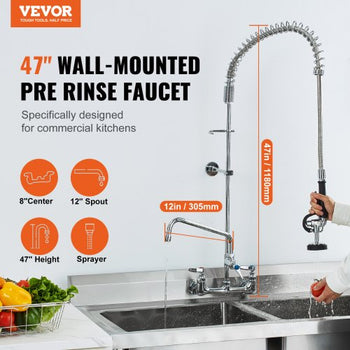 Wall-Mounted Kitchen Faucet, 47" Tall, 8" Apart, with 12" Rotating Spout and Pre-Rinse Spray, Brass Build, Pull-Down Feature for Multi-Compartment Sinks