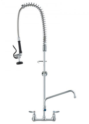 Wall-Mounted Kitchen Faucet, 47" Tall, 8" Apart, with 12" Rotating Spout and Pre-Rinse Spray, Brass Build, Pull-Down Feature for Multi-Compartment Sinks