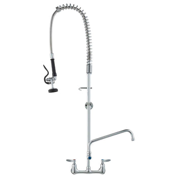 Wall-Mounted Kitchen Faucet, 47" Tall, 8" Apart, with 12" Rotating Spout and Pre-Rinse Spray, Brass Build, Pull-Down Feature for Multi-Compartment Sinks