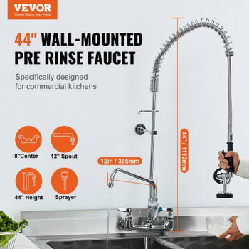Industrial Sink Faucet, 44" Tall, 8" Apart, 12" Rotating Spout, Wall Mounted, Brass Made with Extendable Sprayer, Fits Single/Triple Sinks