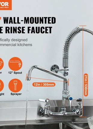 Wall-Mounted Brass Kitchen Faucet, 21" Tall, 8" Installation Width, Includes 12" Rotating Spout and Pull-Down Sprayer, Suitable for Single, Double, or Triple Sinks