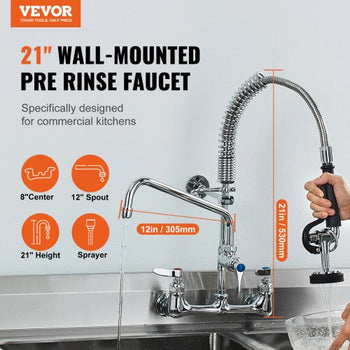 Wall-Mounted Brass Kitchen Faucet, 21" Tall, 8" Installation Width, Includes 12" Rotating Spout and Pull-Down Sprayer, Suitable for Single, Double, or Triple Sinks