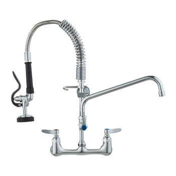 Wall-Mounted Brass Kitchen Faucet, 21" Tall, 8" Installation Width, Includes 12" Rotating Spout and Pull-Down Sprayer, Suitable for Single, Double, or Triple Sinks