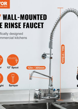 Wall-Mounted Brass Kitchen Faucet, 36" Tall, 8" Installation Width, Includes 12" Rotating Spout and Pull-Down Sprayer, Suitable for Single, Double, or Triple Sinks