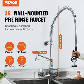 Wall-Mounted Brass Kitchen Faucet, 36" Tall, 8" Installation Width, Includes 12" Rotating Spout and Pull-Down Sprayer, Suitable for Single, Double, or Triple Sinks
