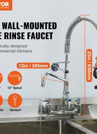 Wall-Mounted Kitchen Faucet, 25" Tall, 8" Center Distance, 12" Rotatable Spout, Includes Pre-Rinse Spray, Brass Build, Pull-Down Feature, Suitable for Multi-Compartment Sinks