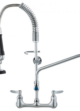 Wall-Mounted Kitchen Faucet, 25" Tall, 8" Center Distance, 12" Rotatable Spout, Includes Pre-Rinse Spray, Brass Build, Pull-Down Feature, Suitable for Multi-Compartment Sinks