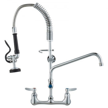 Wall-Mounted Kitchen Faucet, 25" Tall, 8" Center Distance, 12" Rotatable Spout, Includes Pre-Rinse Spray, Brass Build, Pull-Down Feature, Suitable for Multi-Compartment Sinks
